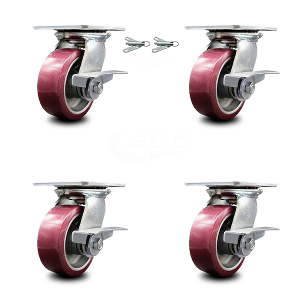 Service Caster 5 Inch Poly on Aluminum Caster Set with Roller Bearing 4 Brake and 2 Swivel Lock SCC-35S520-PAR-SLB-BSL-2-SLB-2 - main